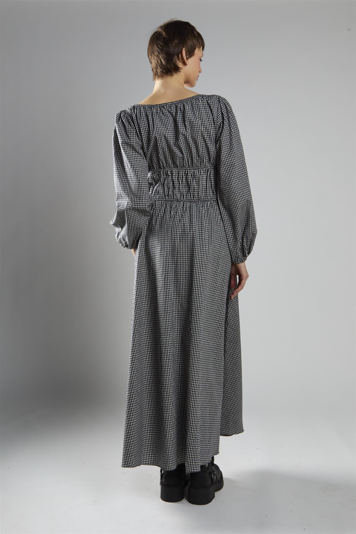 Black Check Velvet Bow Maxi Dress