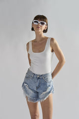 Antique-Wash High-Waisted Distressed Denim-Shorts