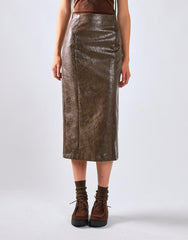 Brown Pu Midi Bodycon Skirt