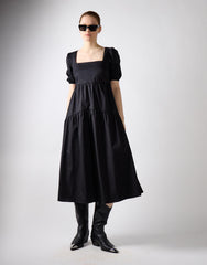 Black Square Neck Puff Sleeve Midi Dress