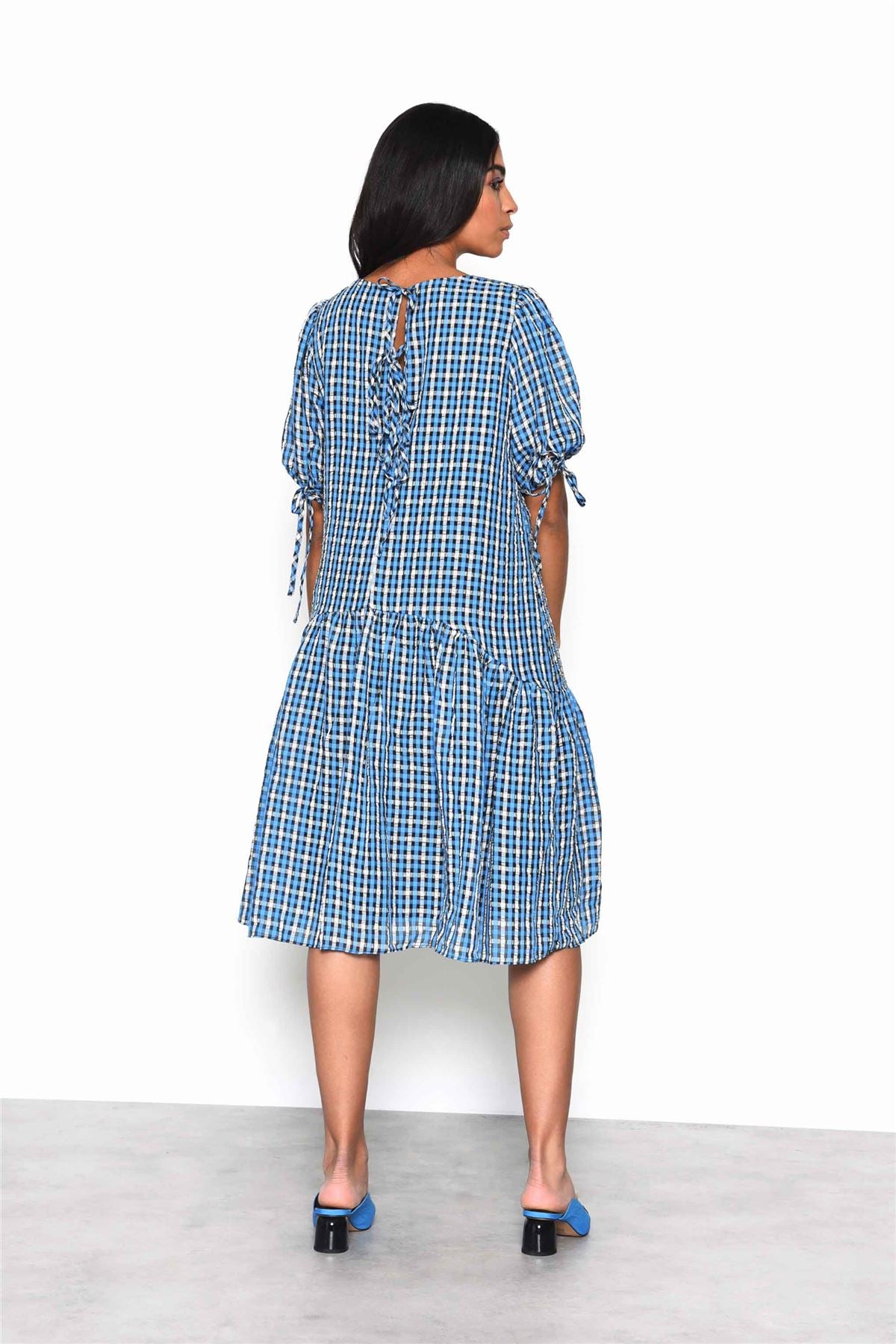 Blue Multi Check Tiered Midi Dress with Puff Sleeves and Tie Back Detail
