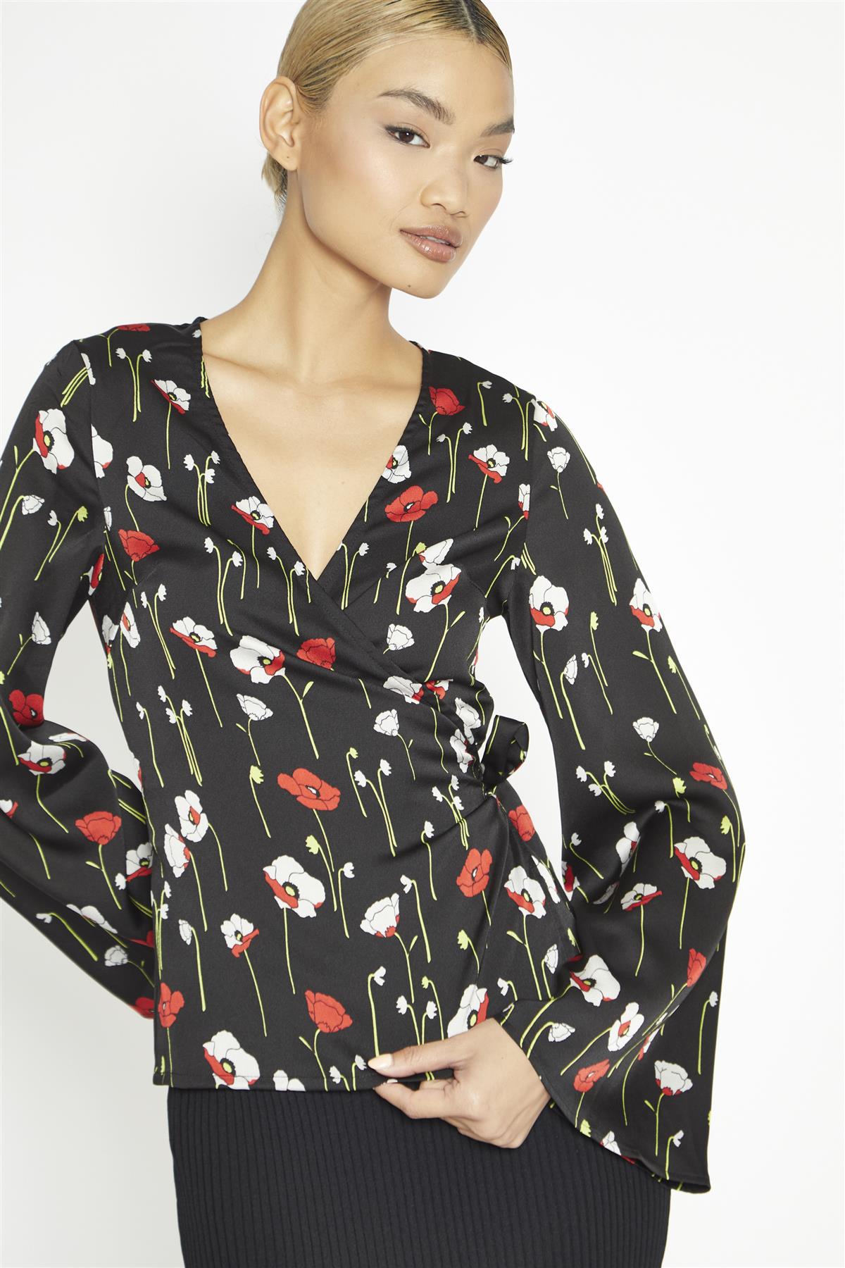 Long Stem Poppies Wrap Long Sleeve Top