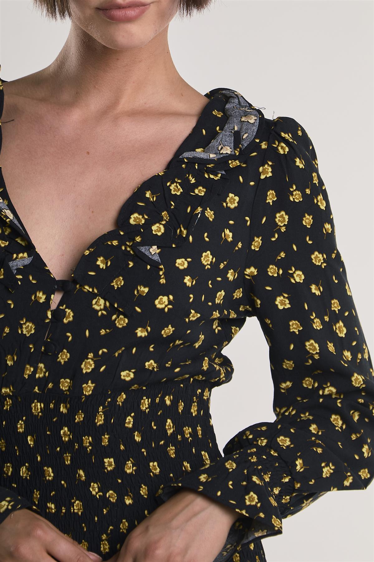 Black-Chartreuse-Ditsy Long-Sleeve-Ruffle-Trim Mini-Dress