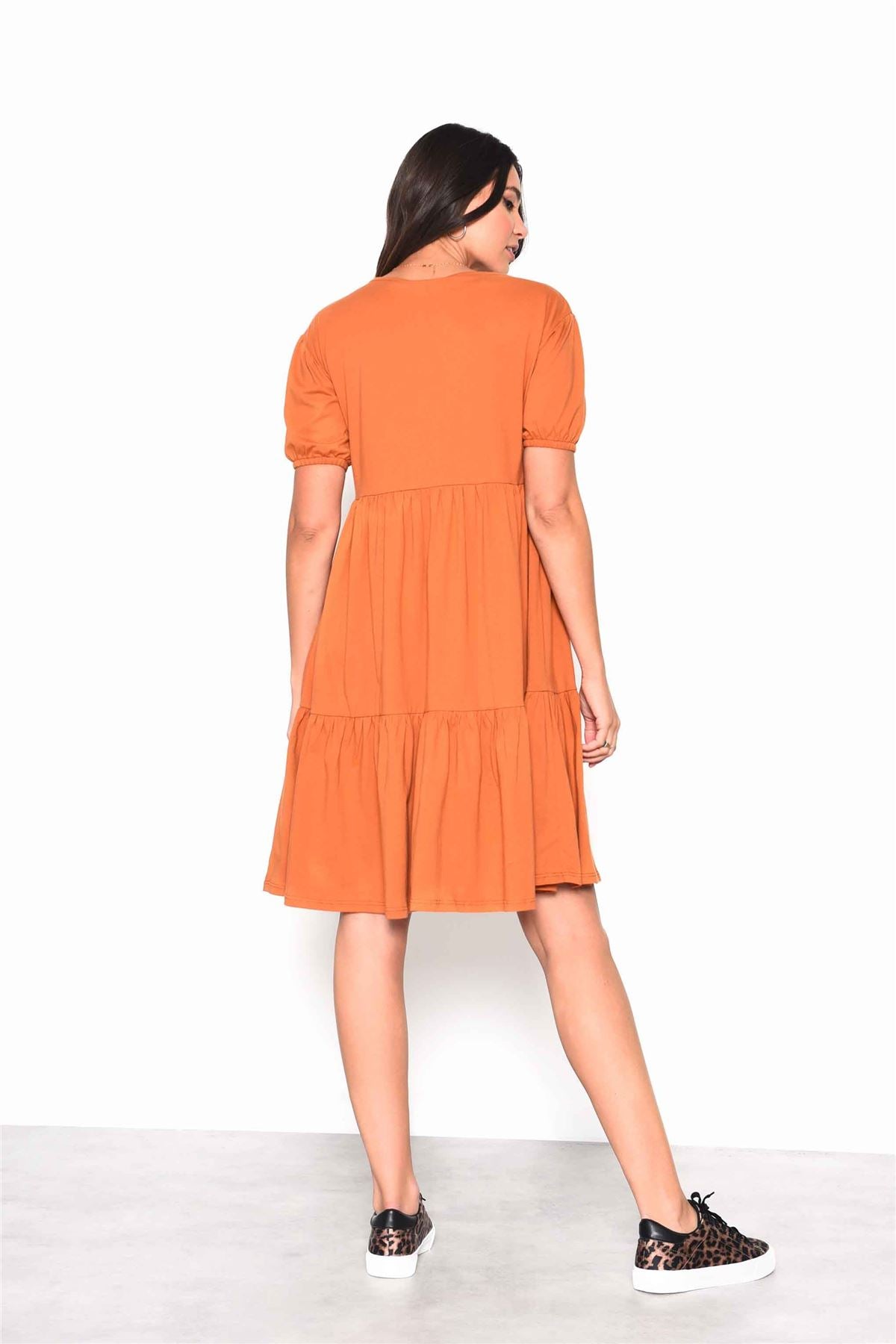 Rust Tiered Smock Midi Dress