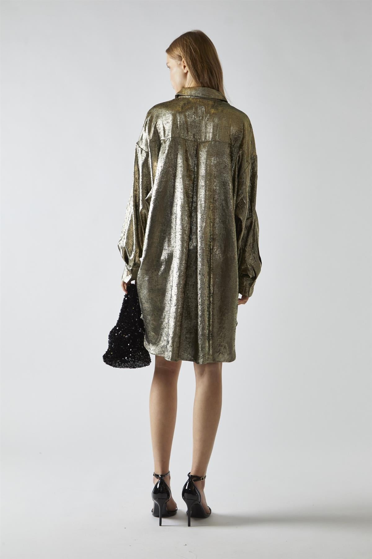 Black-Gold Metallic Hi-Low Shirt-Dress