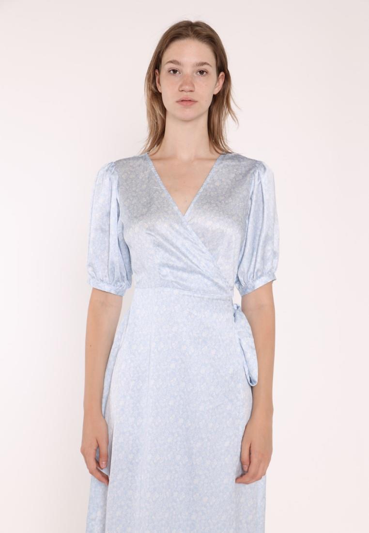 Pale Blue Ditsy Short Sleeve Wrap Midi Dress