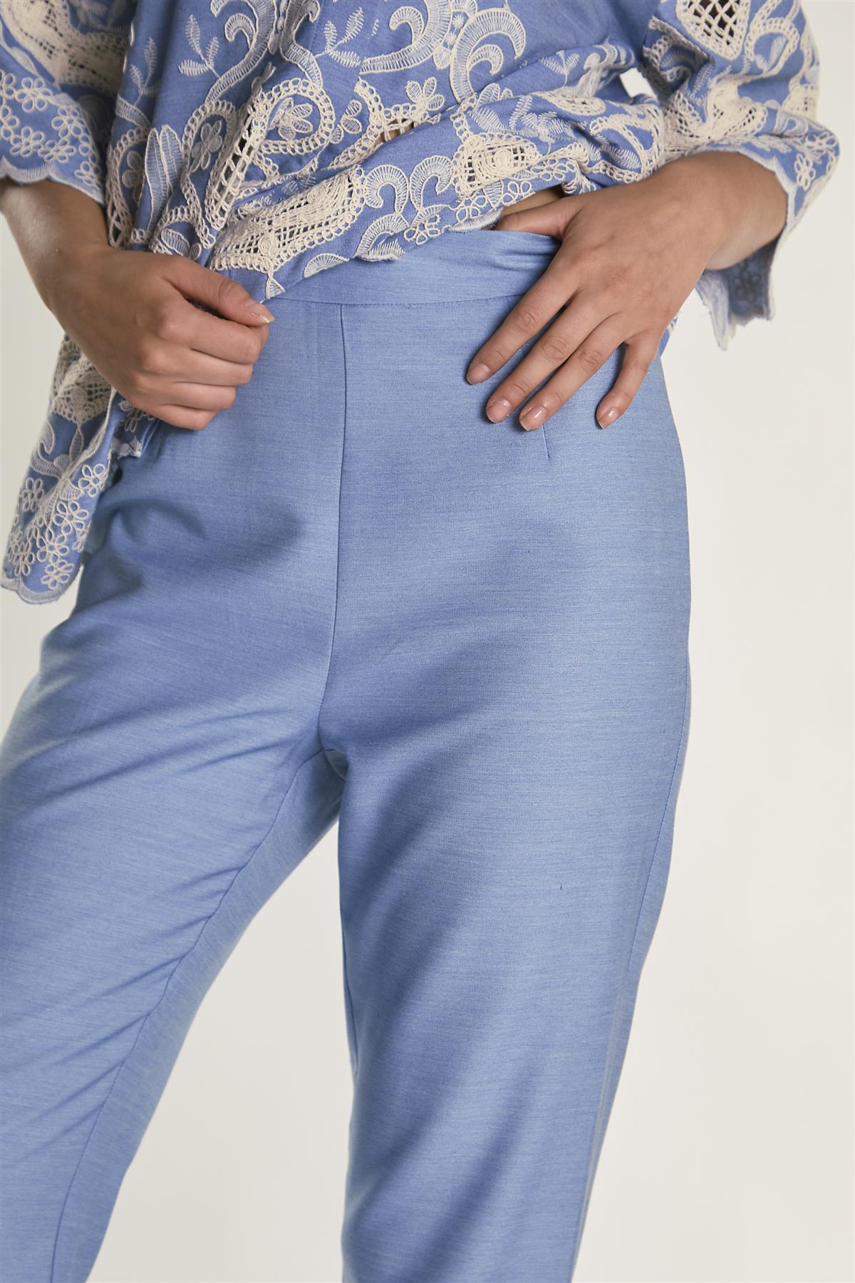 Embroidered Chambray High Waisted Flared Trousers