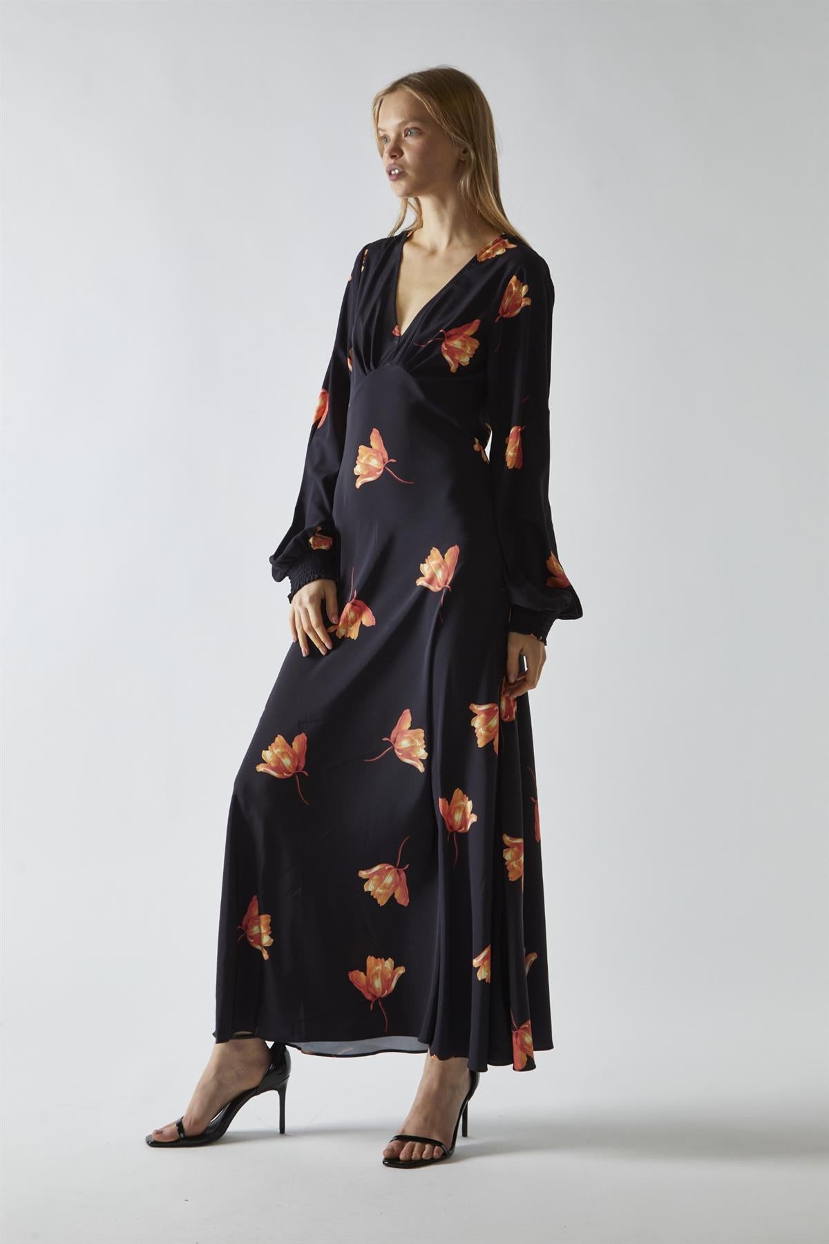 Black-Orange Flower V-neck Midi-Dress – glamorouswholesaleuk
