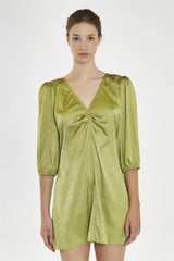 Light-Olive V-Neck-Ruched-Front Mini-Dress