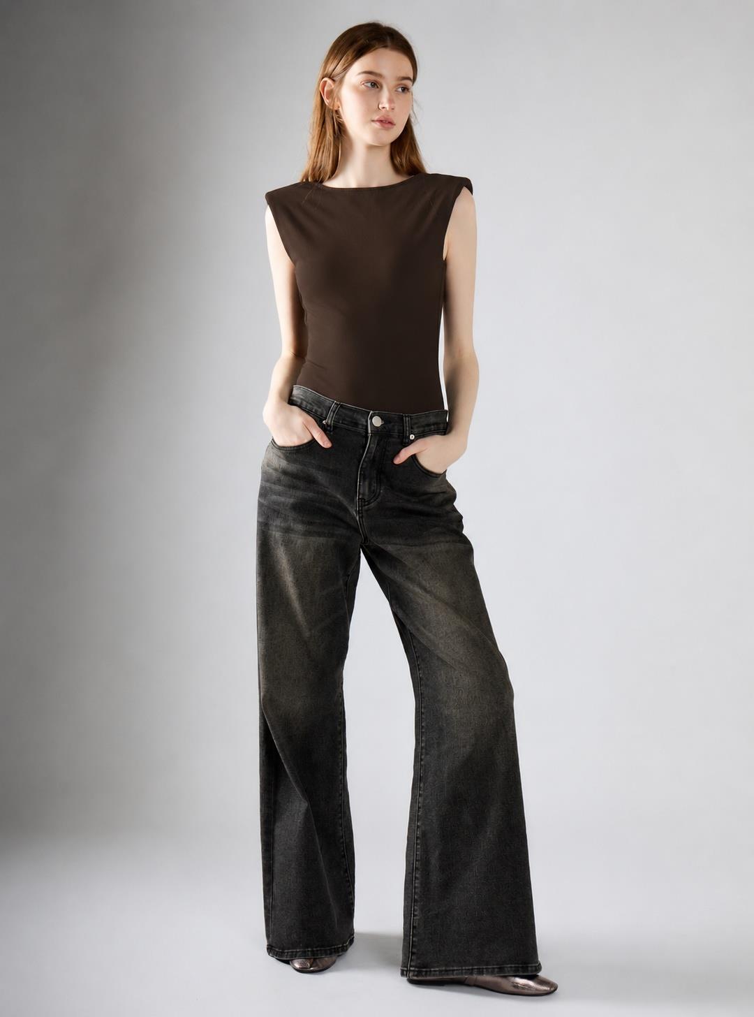 Deep Brown Boat Neck Bodysuit With Shoulder Pads