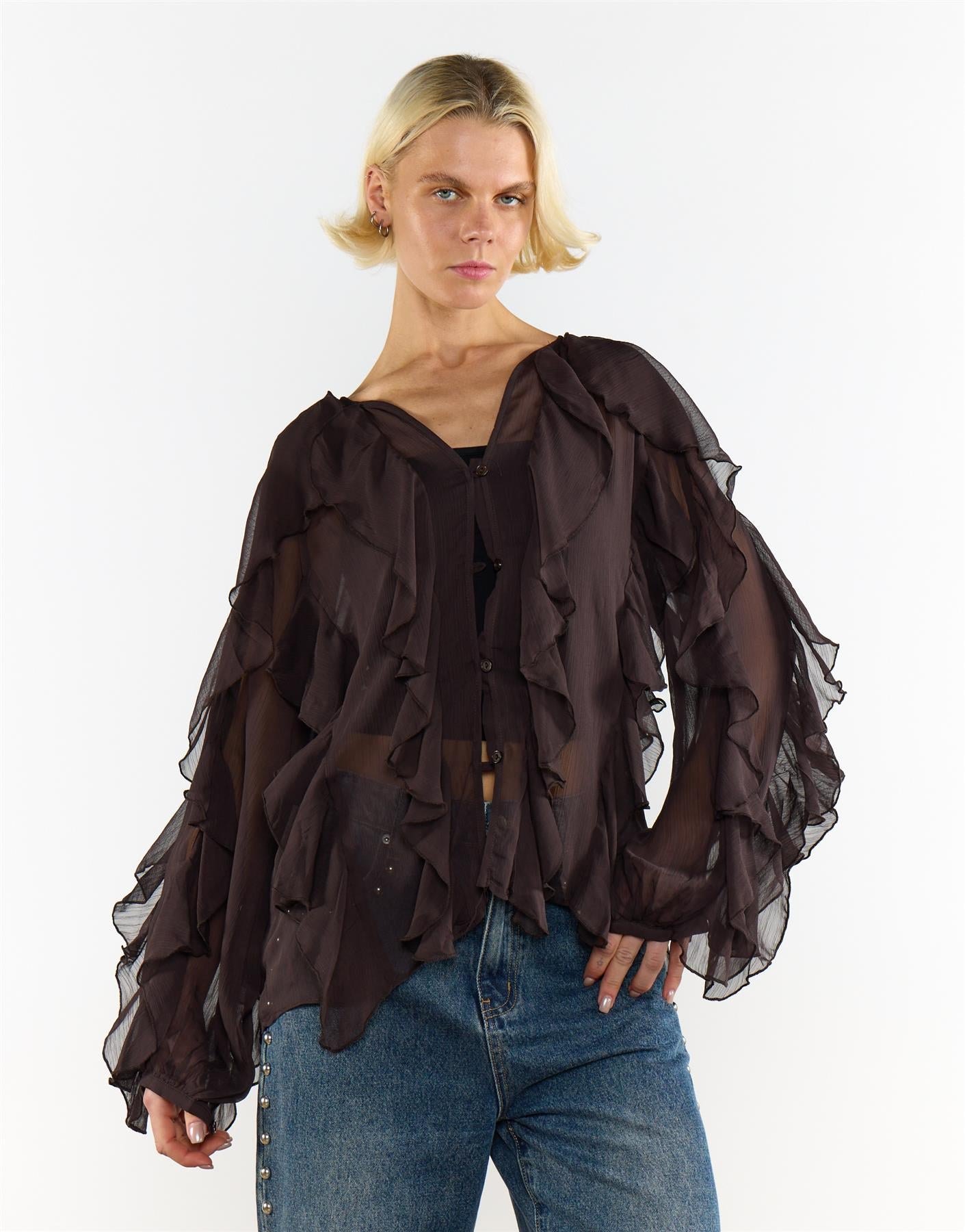 V Neck Ruffle Details Blouse - Deep Brown