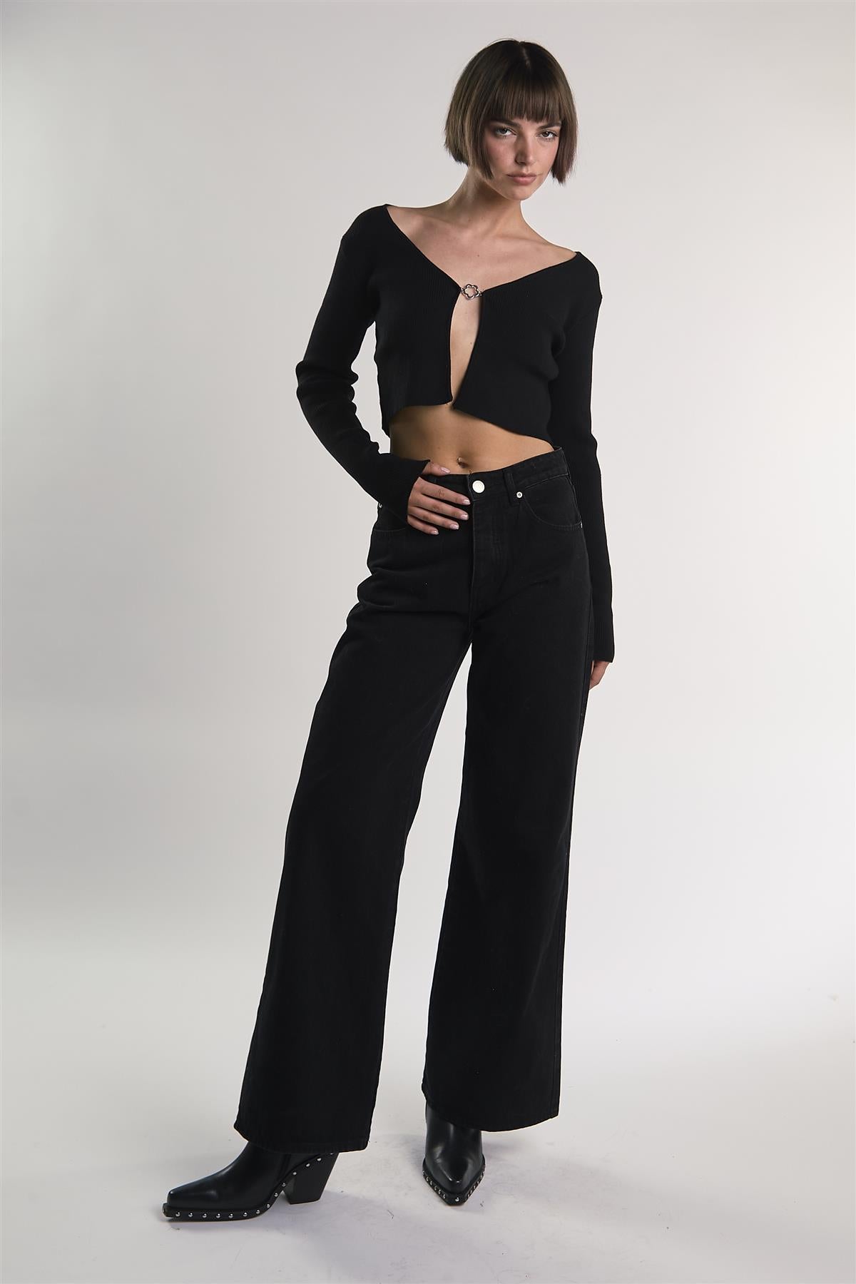Black Open-Front-Ribbed Crop-Top