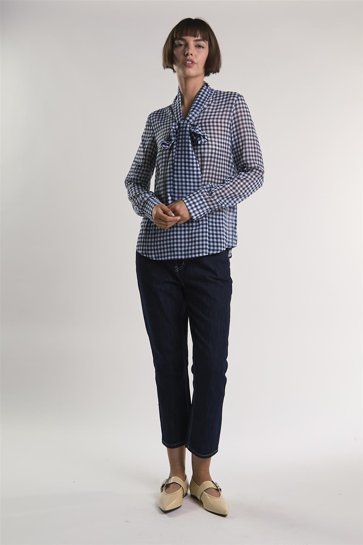 Navy/White-Gingham Front-Tie Long-Sleeve-Top