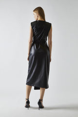 Black-Pu Wrap Midi-Dress