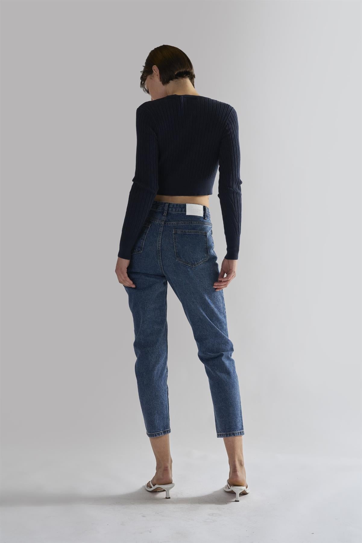 Navy Button-Front-Crop Cardigan