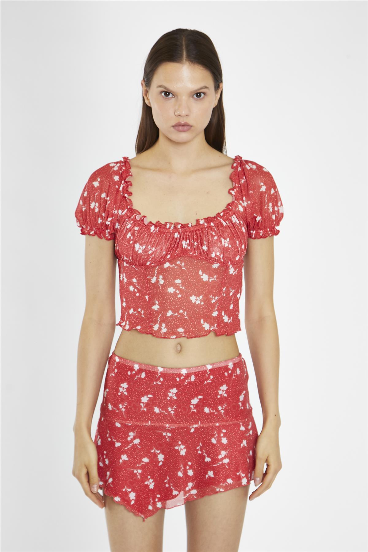 Red Vintage-Floral Milkmaid Crop-Top
