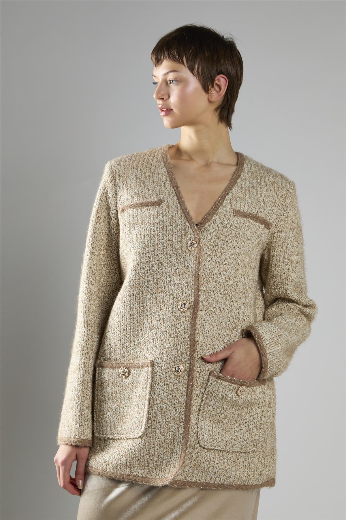 On-Trend Elegant Tweed Blazer in Stone Multi
