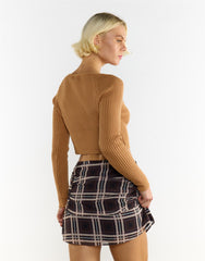 Mahogany Brown Check Ruffle Mini Skirt