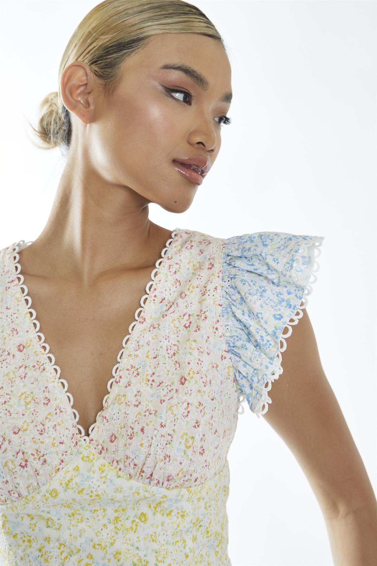 Ditsy Floral Colour Block V-Neck Frill Sleeve Top