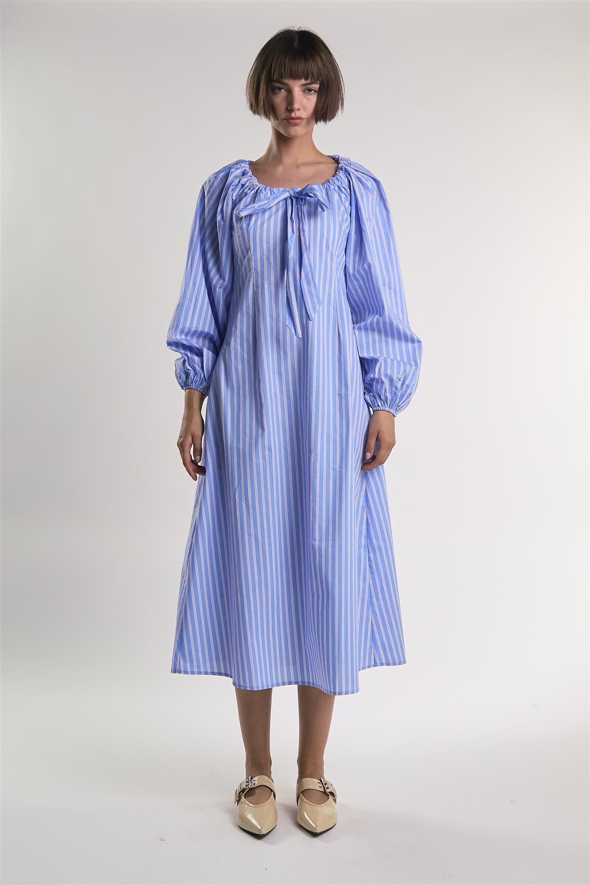 Light-Blue-Pink-Stripe Gathered-Neck Midi-Dress
