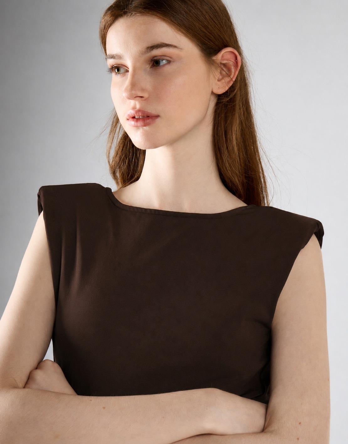 Deep Brown Boat Neck Bodysuit With Shoulder Pads