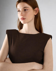 Deep Brown Boat Neck Bodysuit With Shoulder Pads