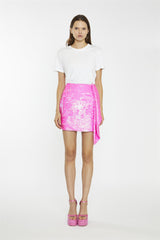 Neon-Pink-Sequin Asymmetric-Drape Mini-Skirt
