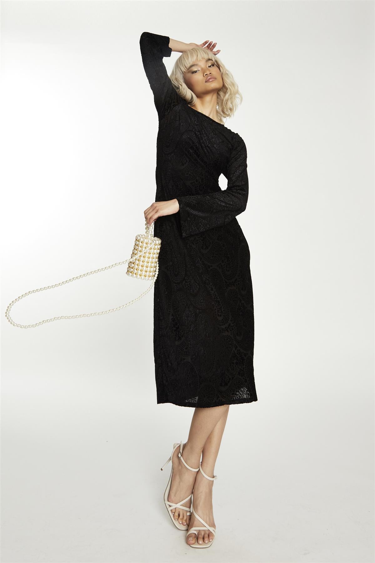 Black Paisley Devore Open Tie Back Midaxi Dress