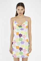 Multi-Flower Mesh Cowl Halterneck Mini-Dress