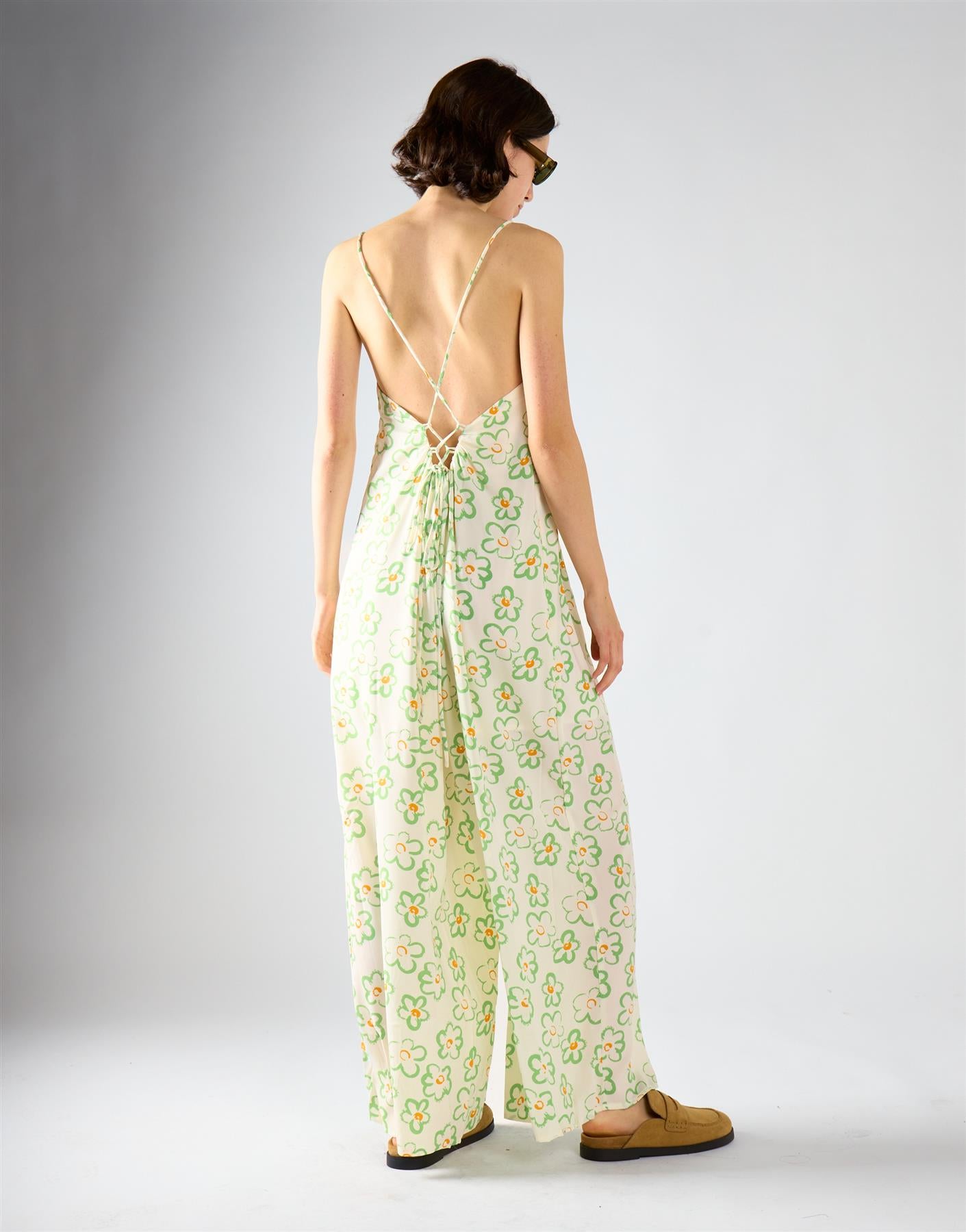 White Green Multi Daisy V-Neck Jumpsuit