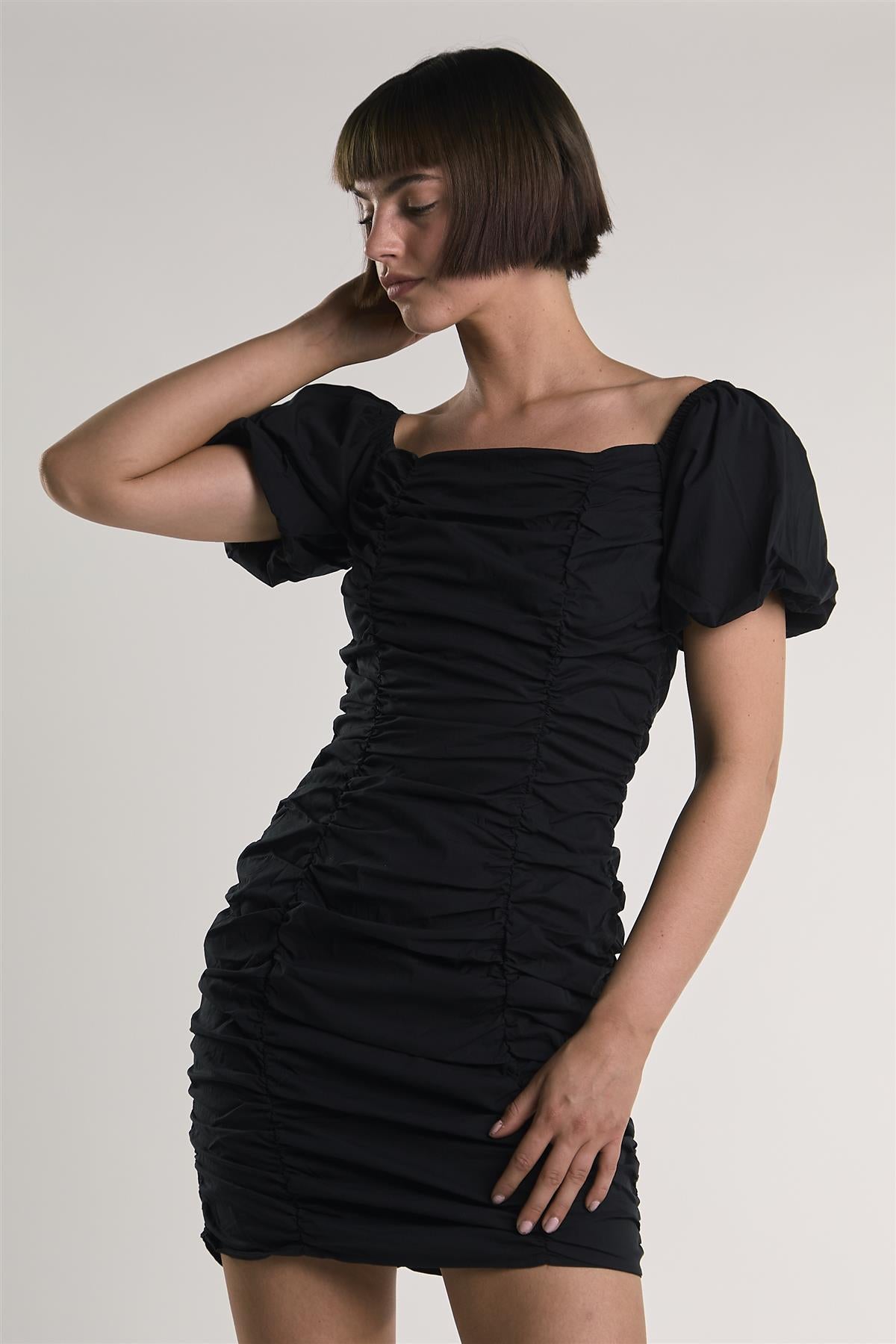Black Puff-Sleeve-Gathered Mini-Dress