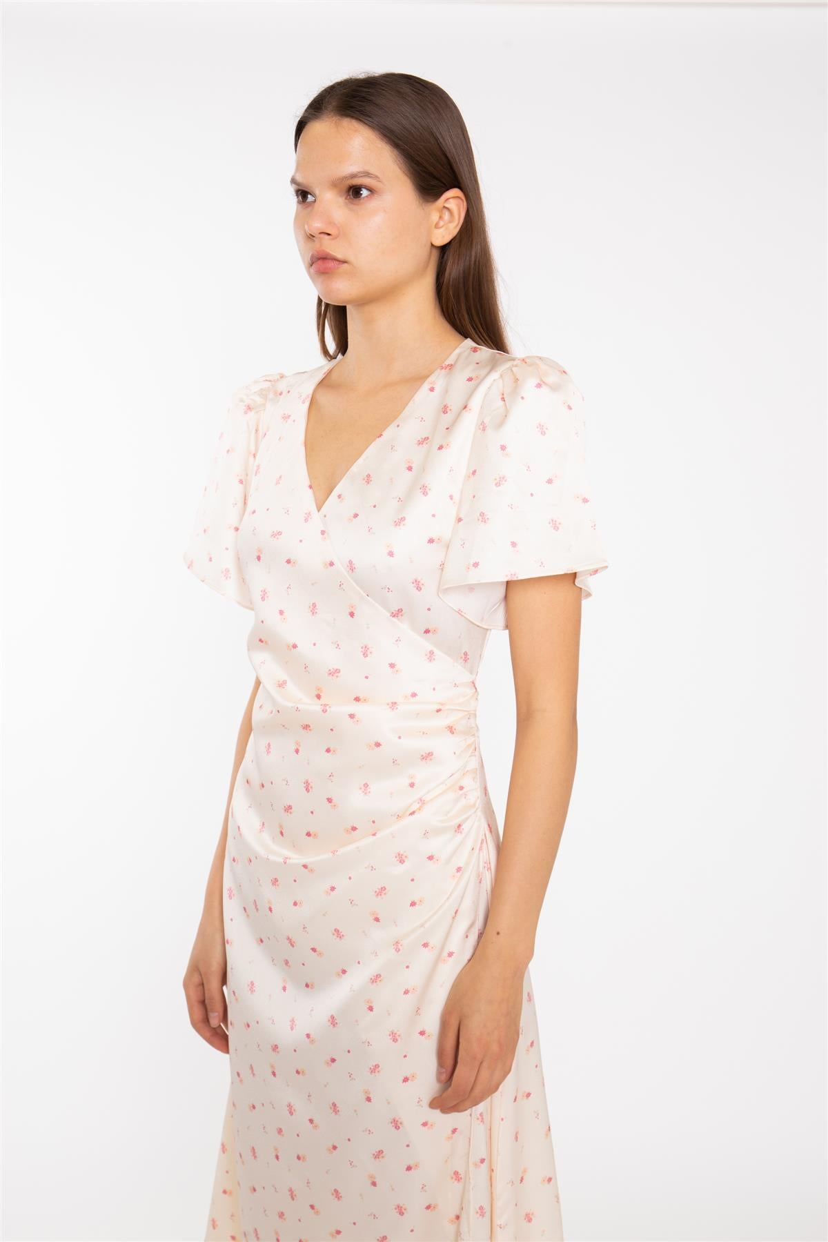 Peach-Pink Daisy Wrap Midi-Dress