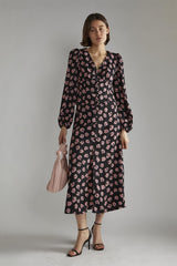 Black-Pink-Splodge Long-Sleeve-Button-Front V-Neck-Blouse
