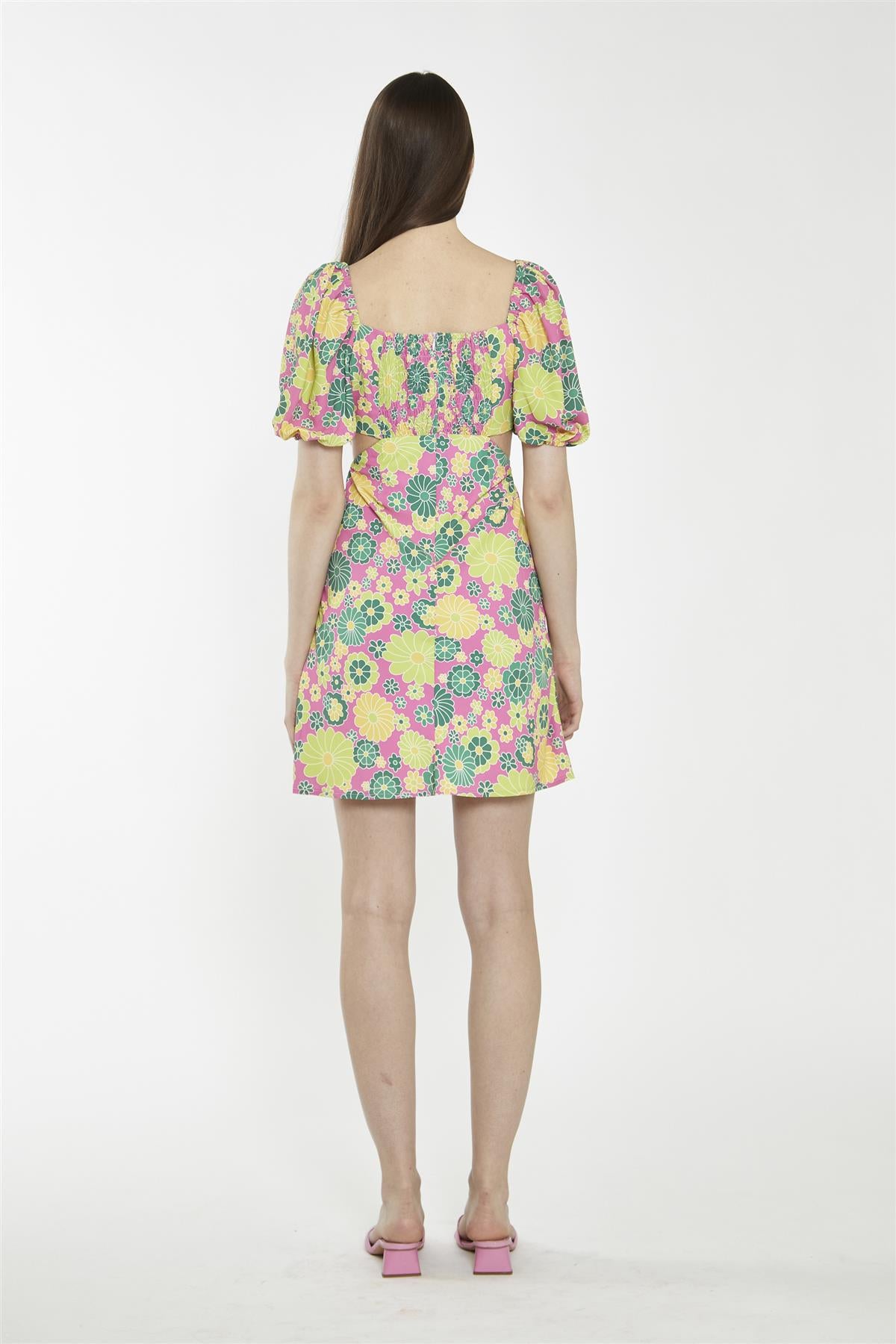 Shift Square Neck Short Dress - Pink Multi 60S Flower