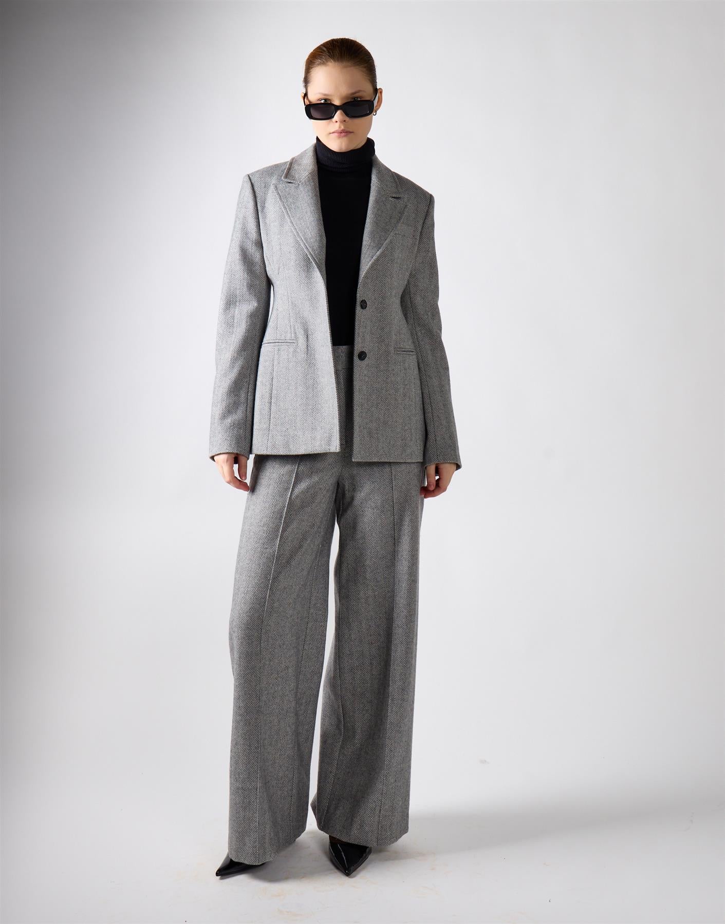 Grey Herringbone Double Button Blazer