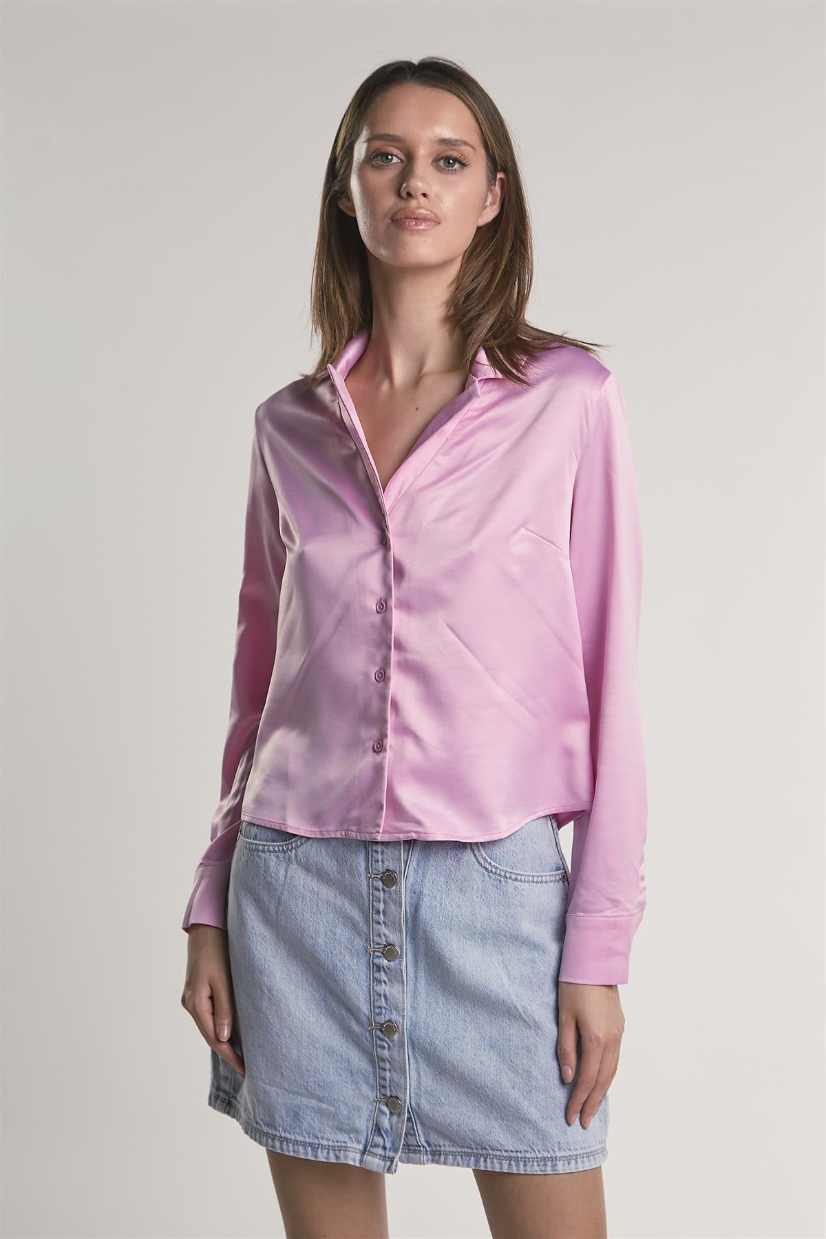 Pink-Sateen Button-Front Long Sleeve-Shirt