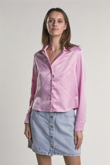 Pink-Sateen Button-Front Long Sleeve-Shirt