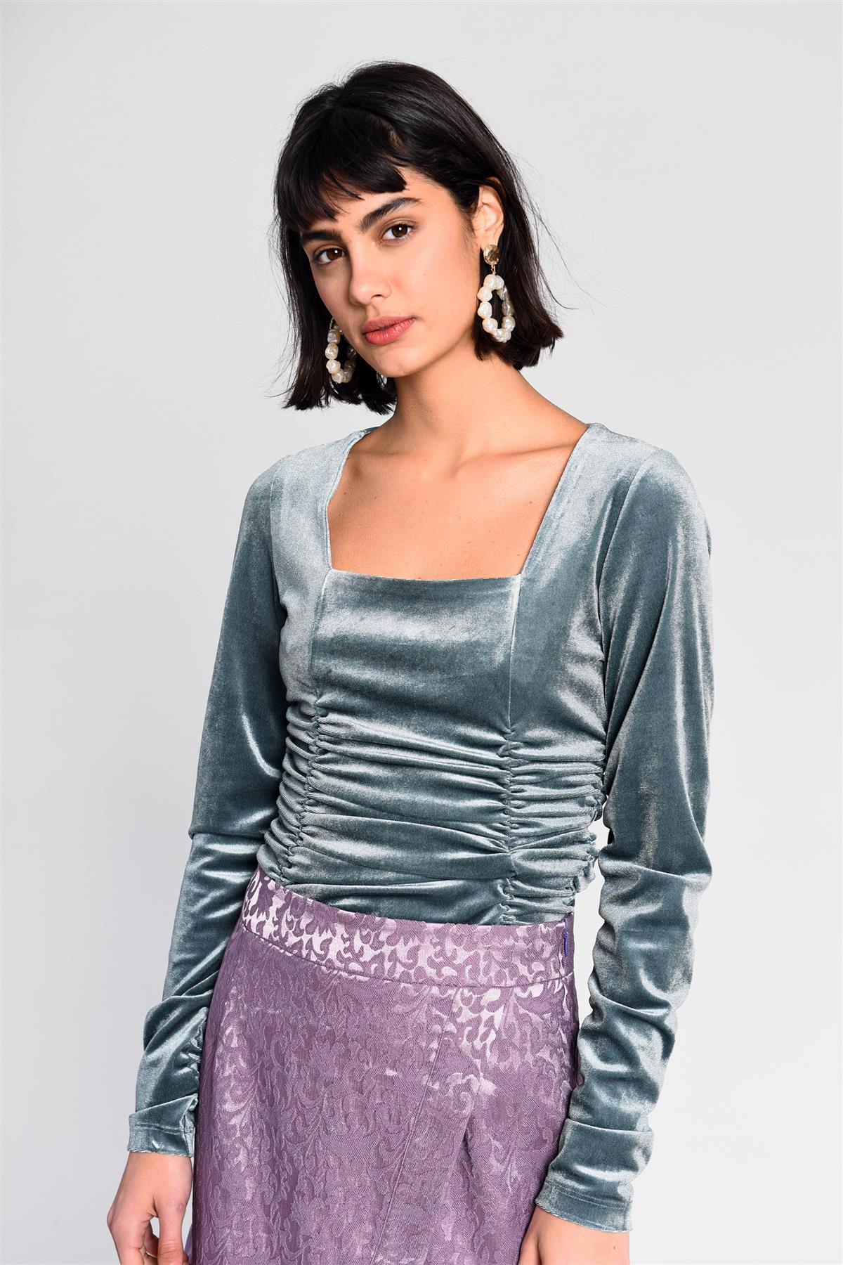 Teal-Velvet Ruched Long-Sleeve-Bodysuit