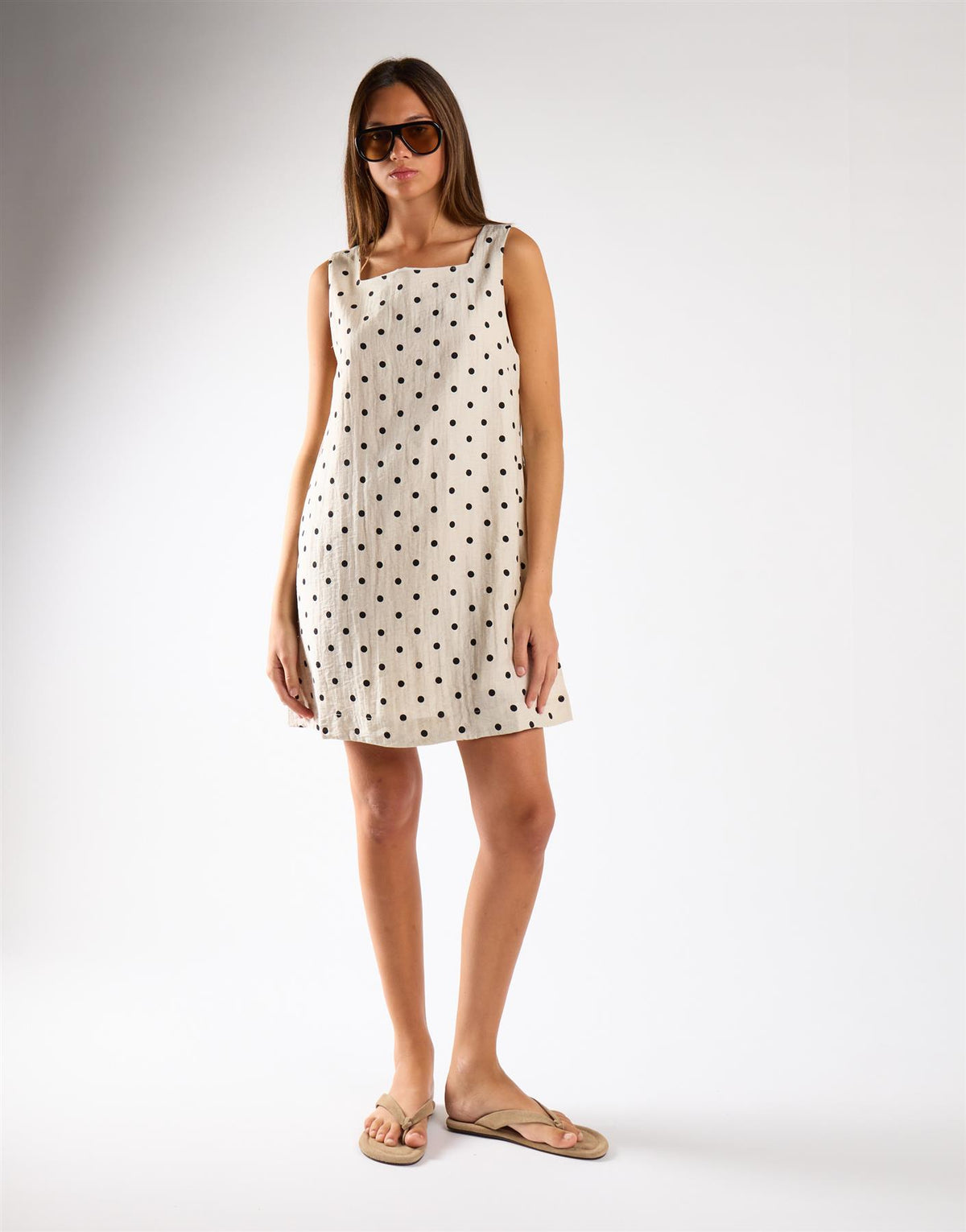 Natural Black Spot Square Neck Mini Dress