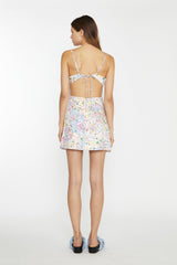 Painted Multi-Floral Tie-Back Ruched Mini-Dress