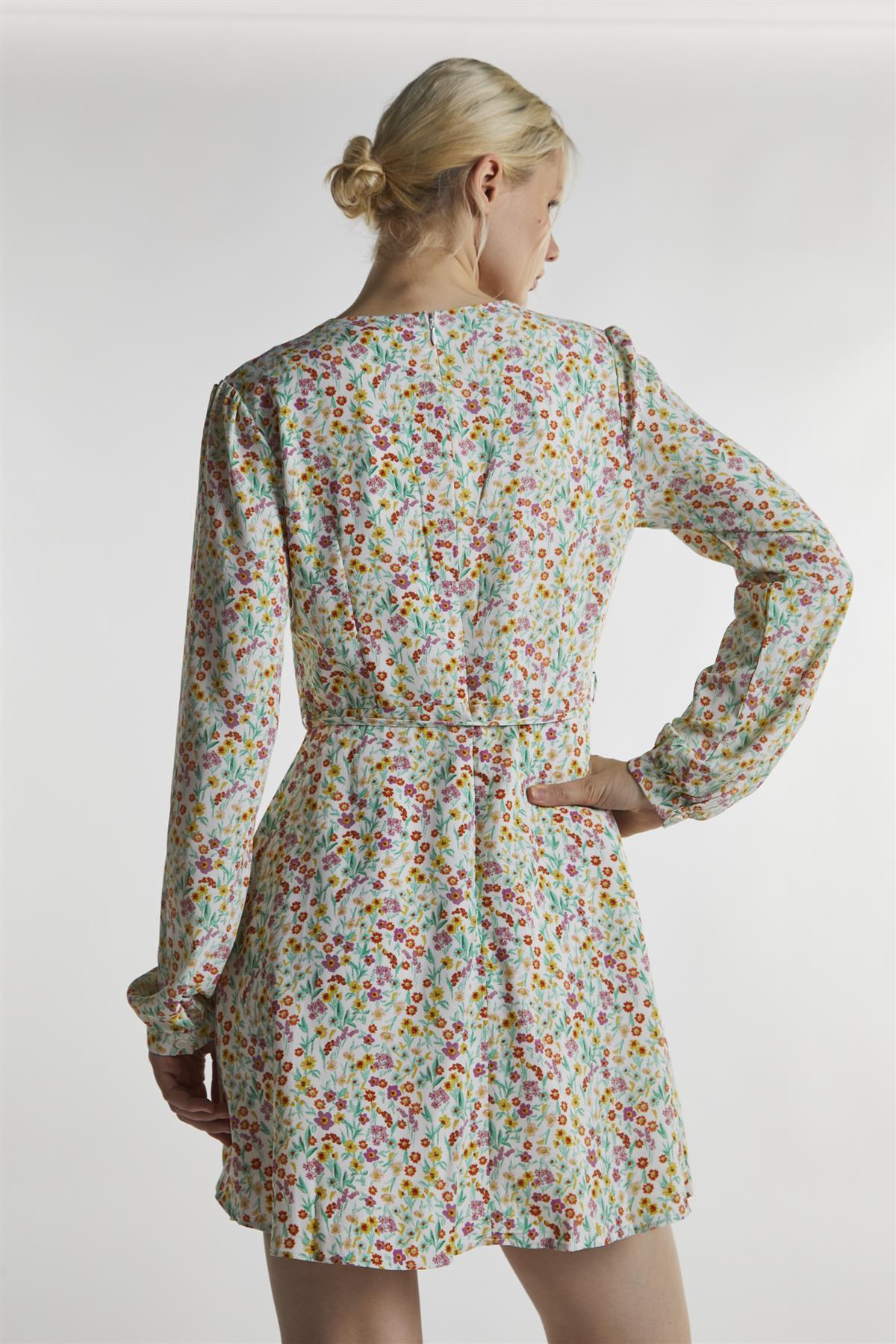 Citron-Orchid-Ditsy Long-Sleeve Mini-Dress