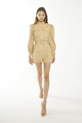 Beige-Sand Belted Long Puff Sleeve-Playsuit