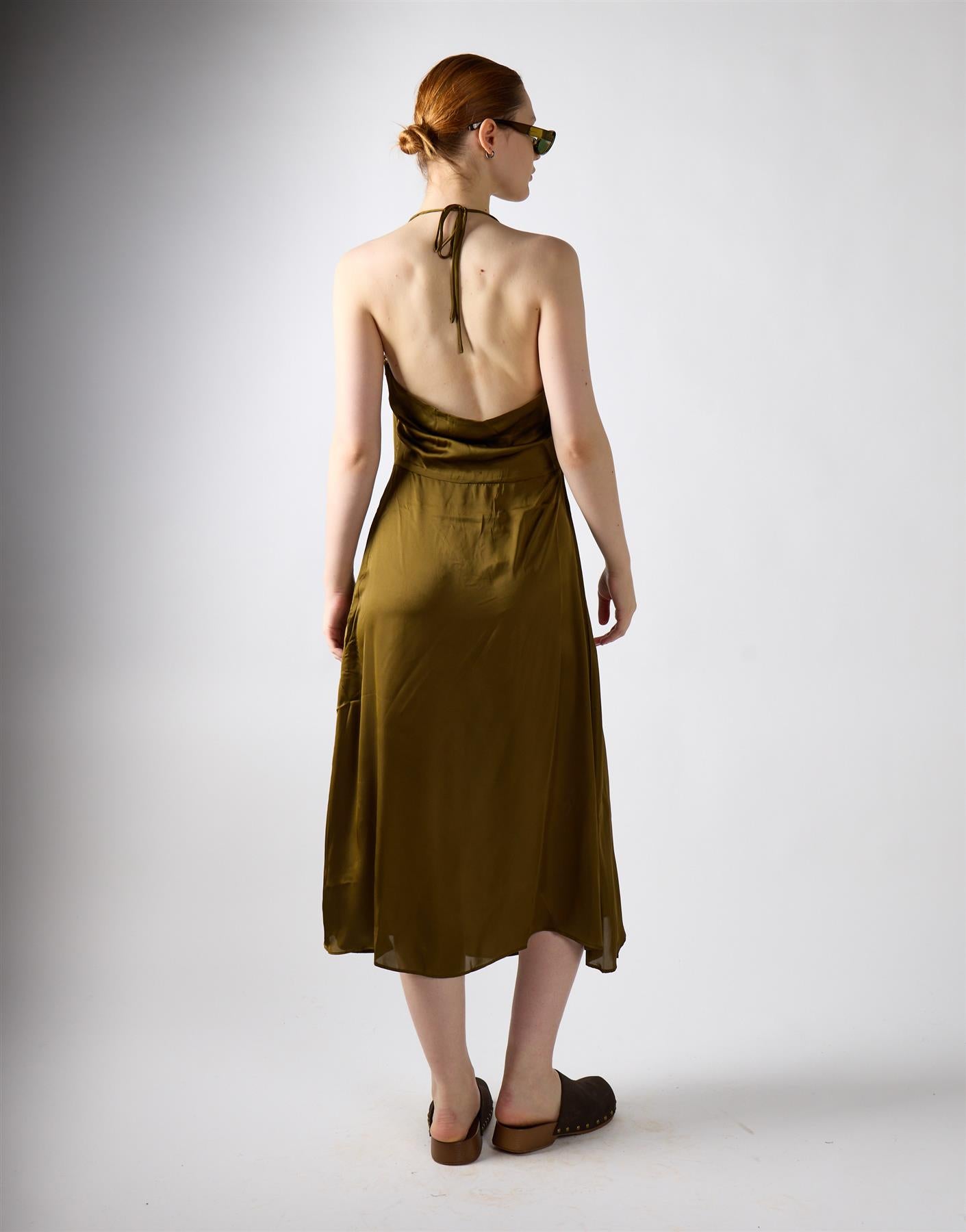 Satin Cowl Neck Midi Dress - Khaki