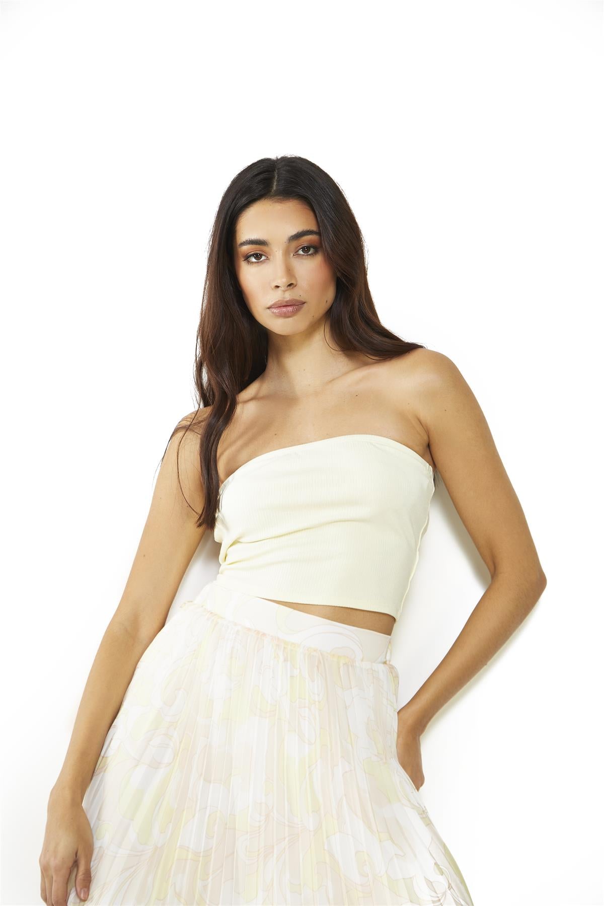 Pale-Lemon Ribbed-Bandeau Crop-Top