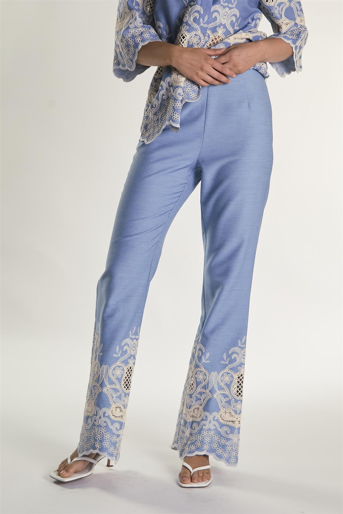 Embroidered Chambray High Waisted Flared Trousers