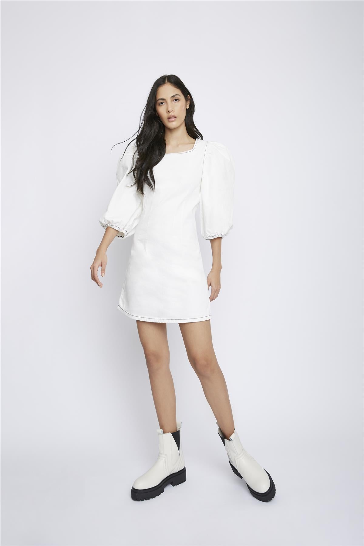 Off-White Puff-Sleeve-Contrast-Stitch Mini-Dress