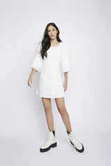 Off-White Puff-Sleeve-Contrast-Stitch Mini-Dress