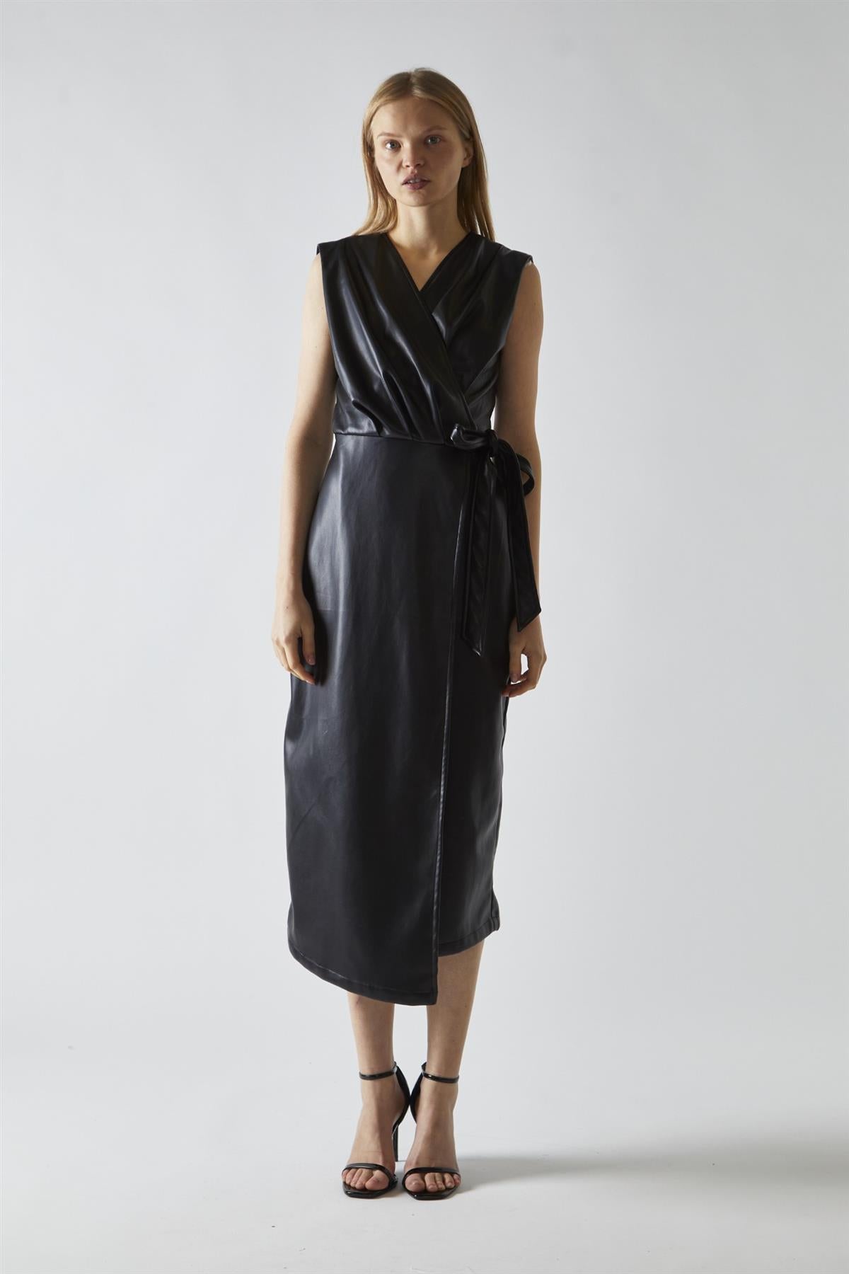 Black-Pu Wrap Midi-Dress