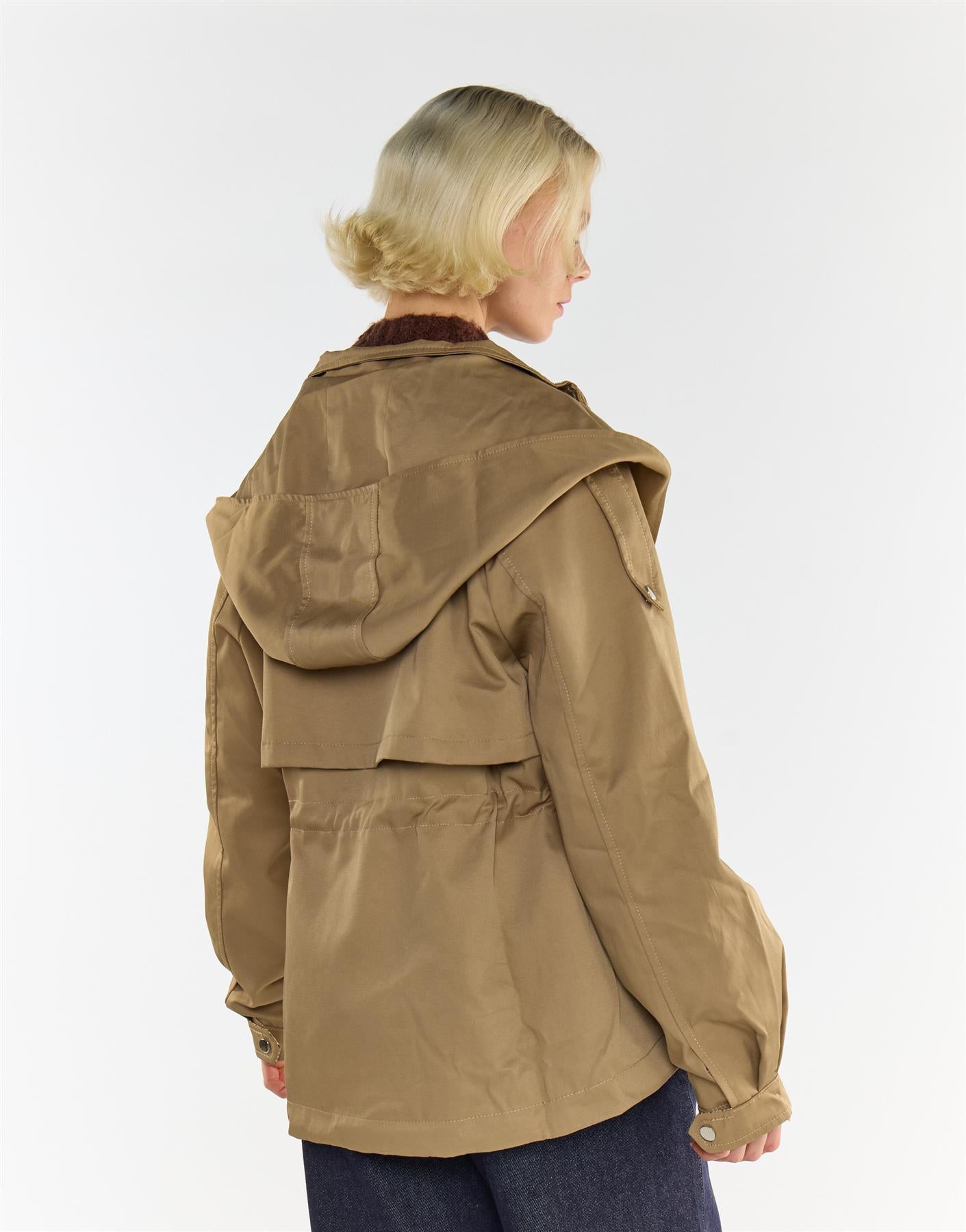 Beige Trench Jacket With Hood and Check Lining