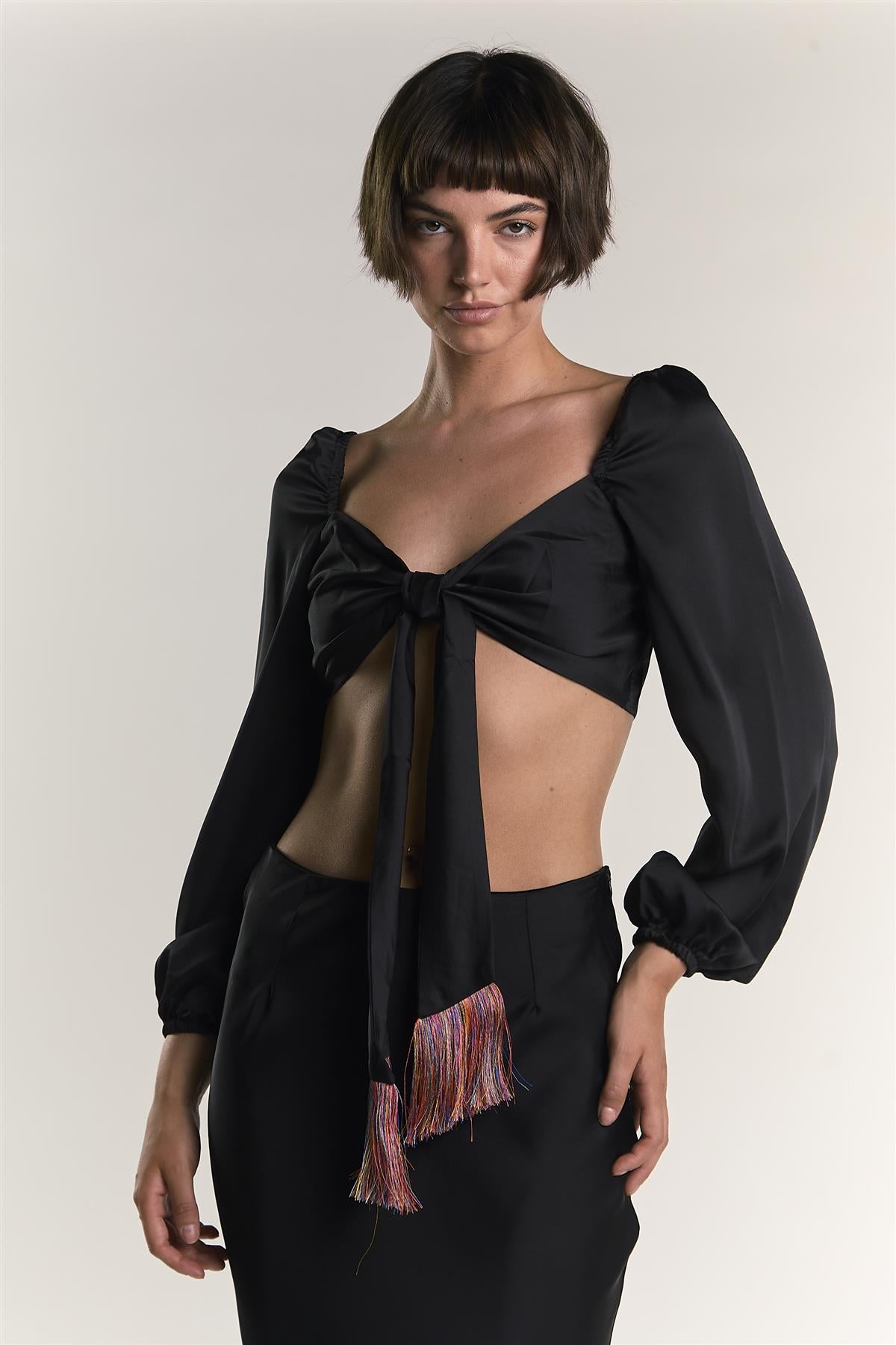 Black Tie Front Cropped Blouse Tops